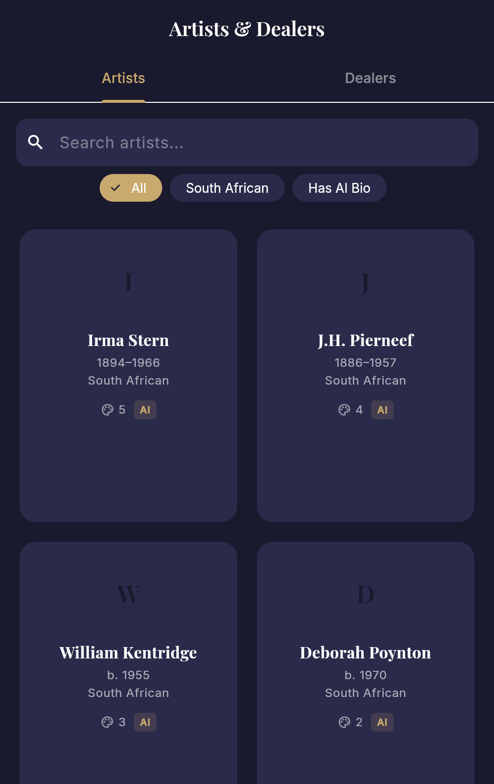 Artist and Dealer profiles hub